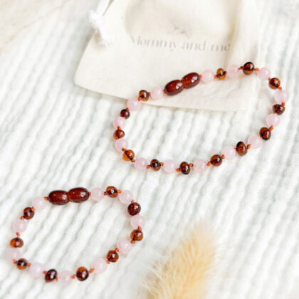 Barnsteen en rozenkwarts armbanden set voor mama en mini